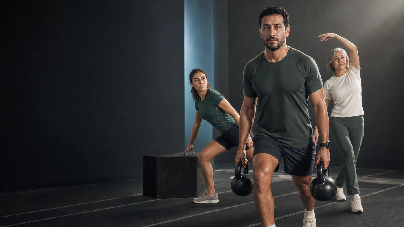 Tres socios de distintas edades entrenando con kettlebells en la sala de ACTIVA